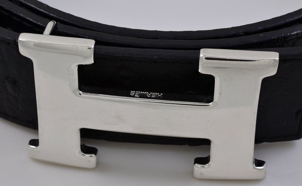 Classic Hermes genuine ostrich belt with silvertone Constance 