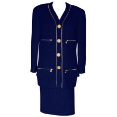 Navy Blue Chanel Boucle Suit w/Gold Zippers