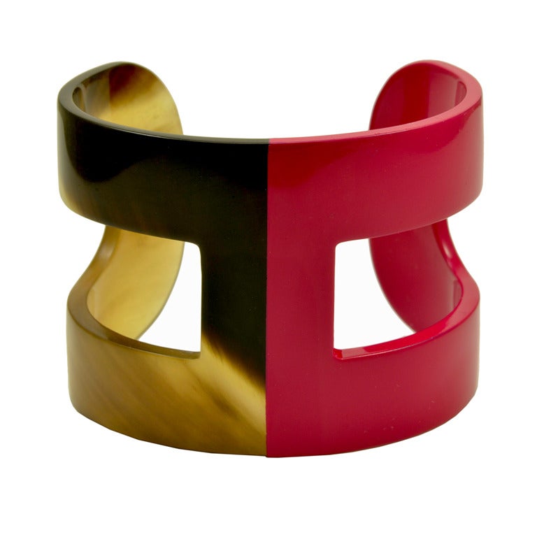 Hermes Horn and Pink Lacquer H Cuff at 1stDibs
