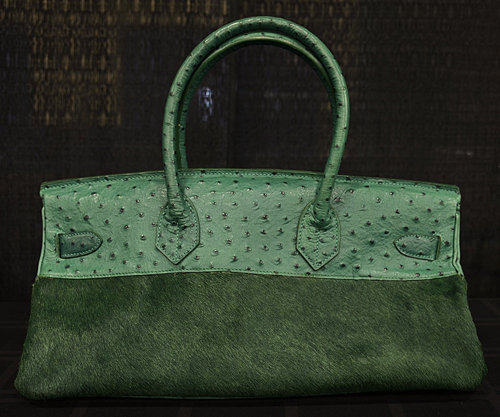 One of a Kind Outrageous Emerald Green Hermes JPG Birkin Ostrich & Fur In Excellent Condition In Teaneck, NJ