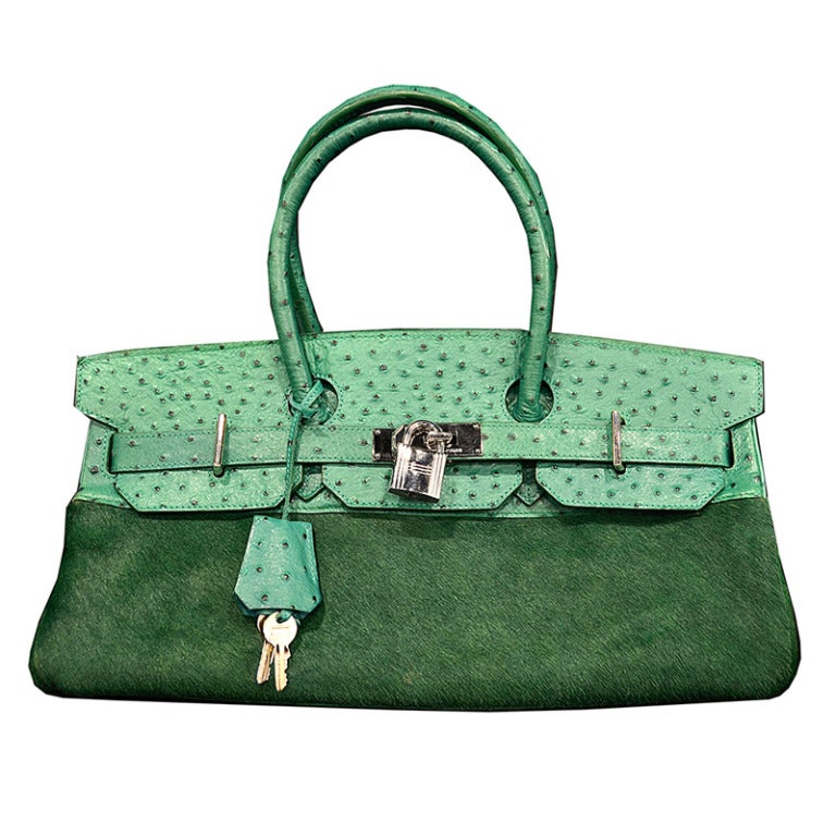 One of a Kind Outrageous Emerald Green Hermes JPG Birkin Ostrich & Fur