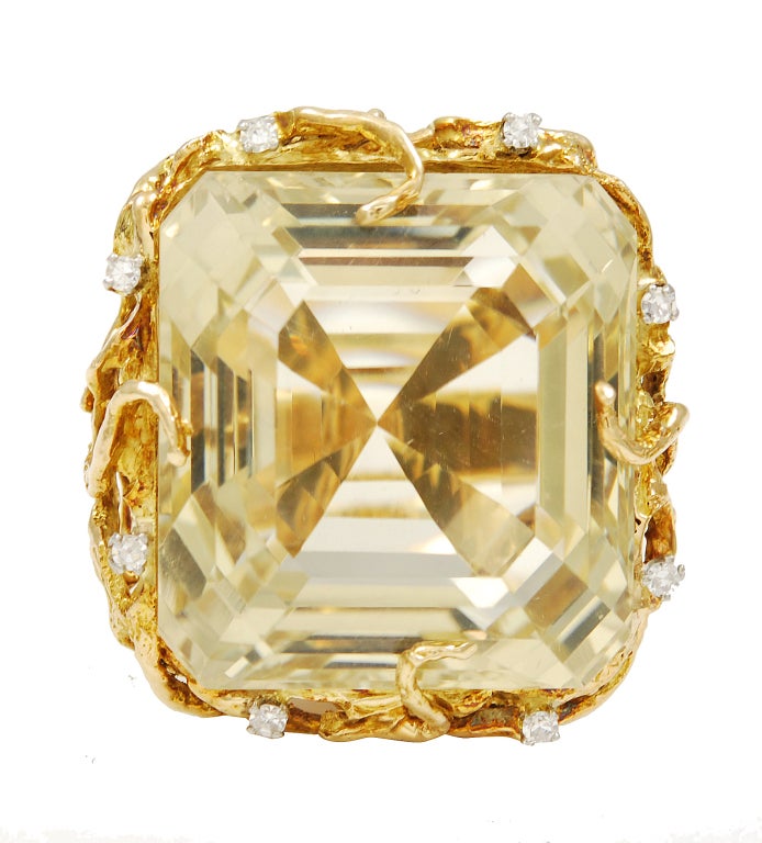 Huge 1970s Citrine and Diamond 14K Ring