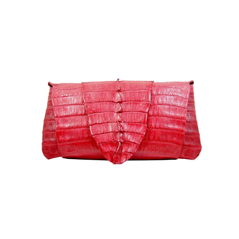 Red B. Romanek Genuine Crocodile Clutch Handbag