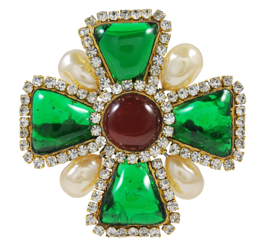 Fabulous vintage Chanel Maltese cross pin with green and red Gripoix glass and glass pearls.Approx. 2.5