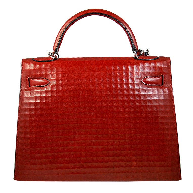 RARE 32cm Hermes Waffle Pattern Box Leather Brick Red Kelly Bag at 1stdibs