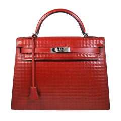 RARE 32cm Hermes Waffle Pattern Box Leather Brick Red Kelly Bag