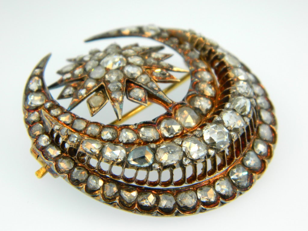 Women's or Men's Georgian, Rose Cut Diamond and Gold Crescent Brooch