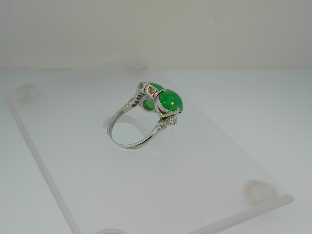 Delicious 1950s Natural Jade, Diamond, and Platinum Bypass Ring In Excellent Condition In Chicago, IL