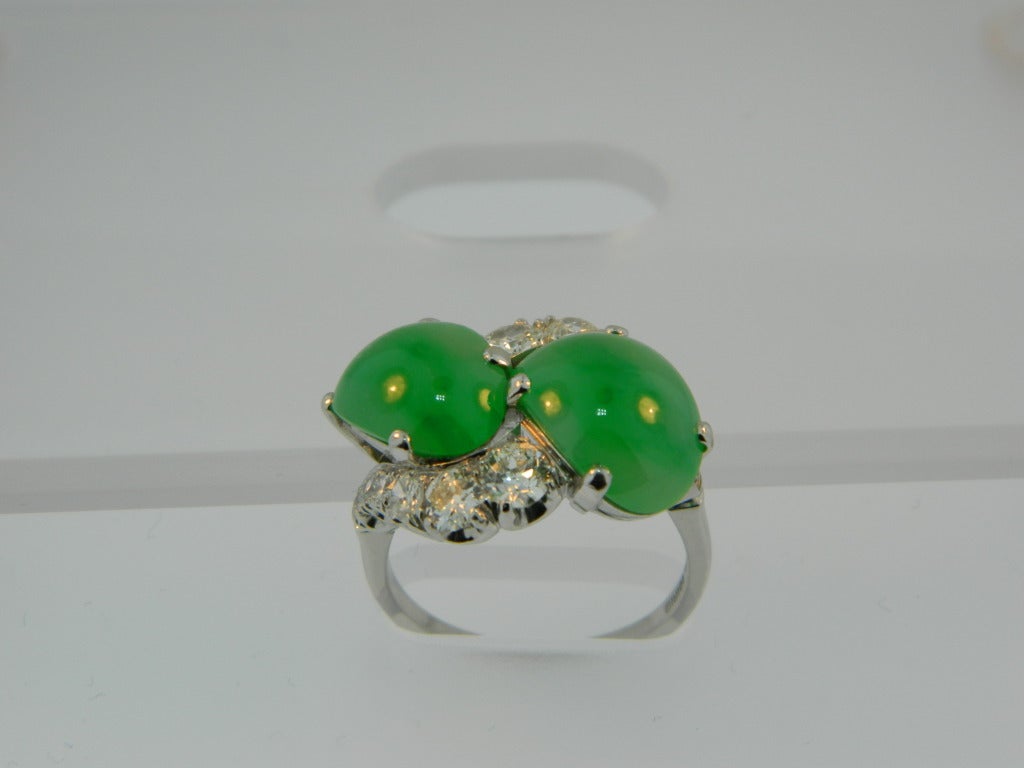 Delicious 1950s Natural Jade, Diamond, and Platinum Bypass Ring 1