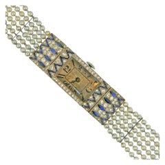 Art Deco Lady's Platinum, Diamond, Sapphire, Pearl Bracelet Watch circa 1920s