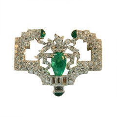 Marcus & Co Art Deco, Diamond, Emerald and Platinum Brooch