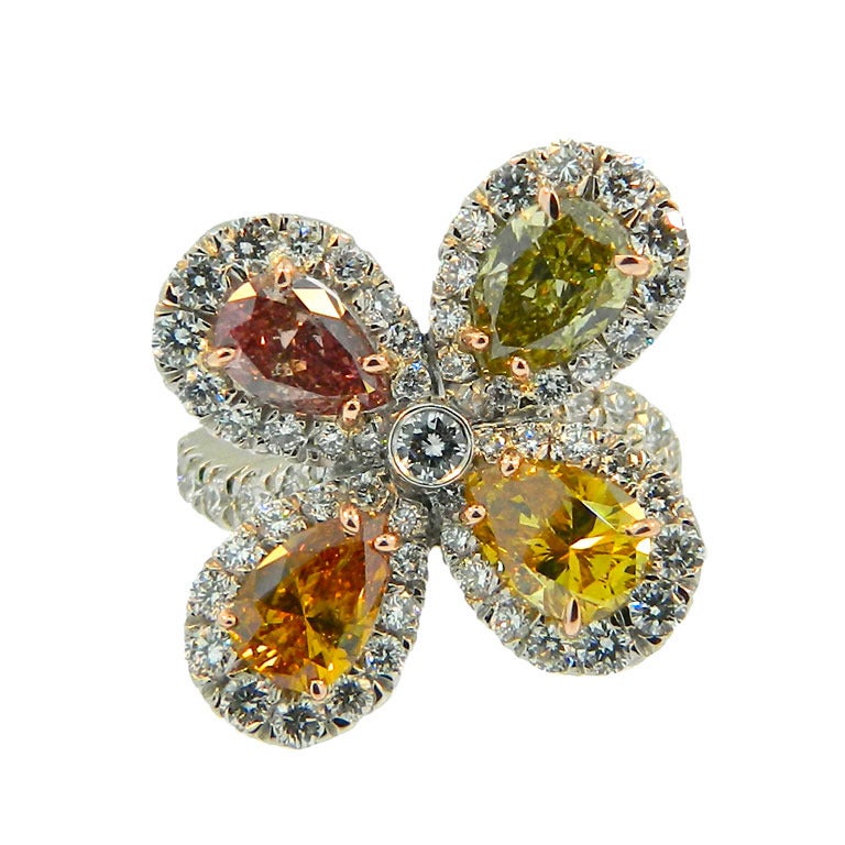 Natural Fancy Colored Diamond Platinum Clover Ring