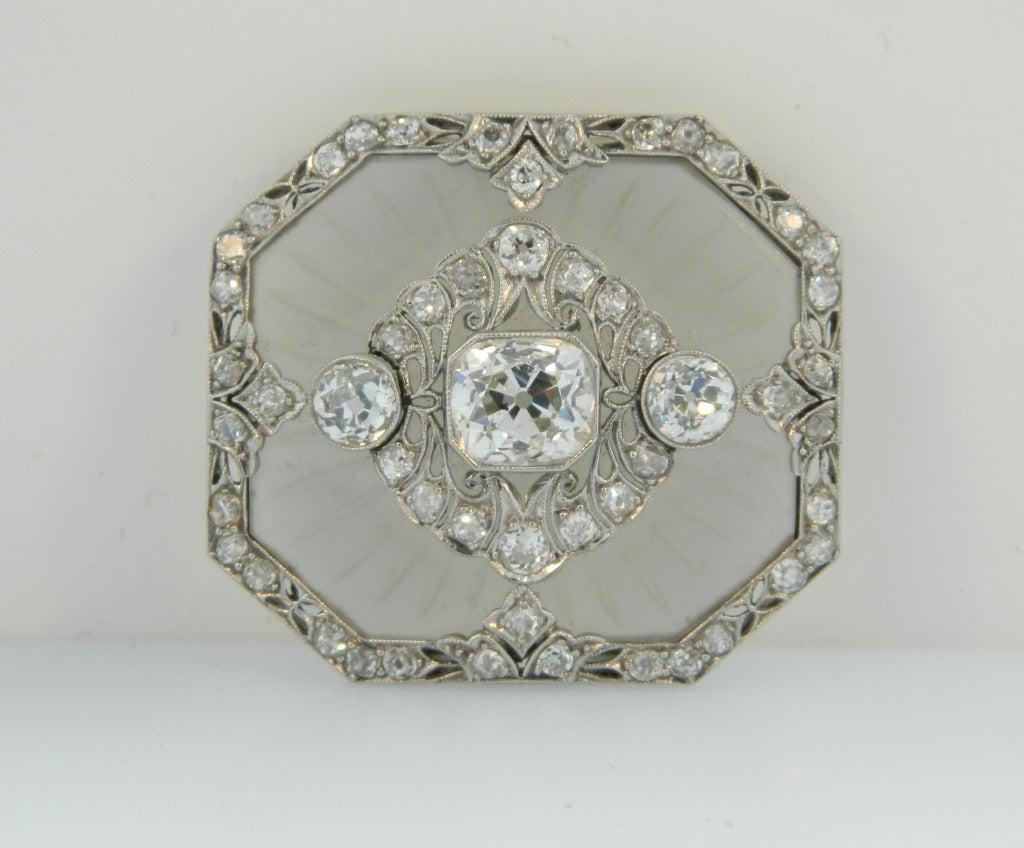 Art Deco Carved Frosted Rock Crystal Diamond Platinum Pendant Brooch 1
