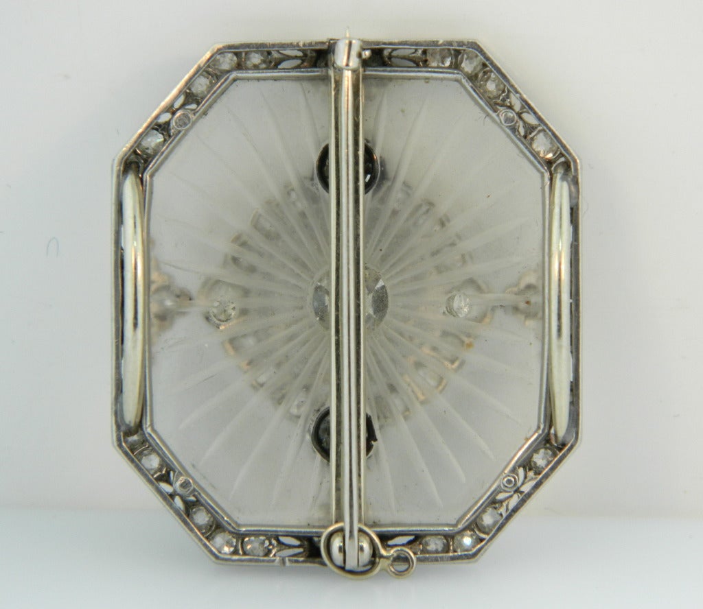 Edwardian Art Deco Carved Frosted Rock Crystal Diamond Platinum Pendant Brooch