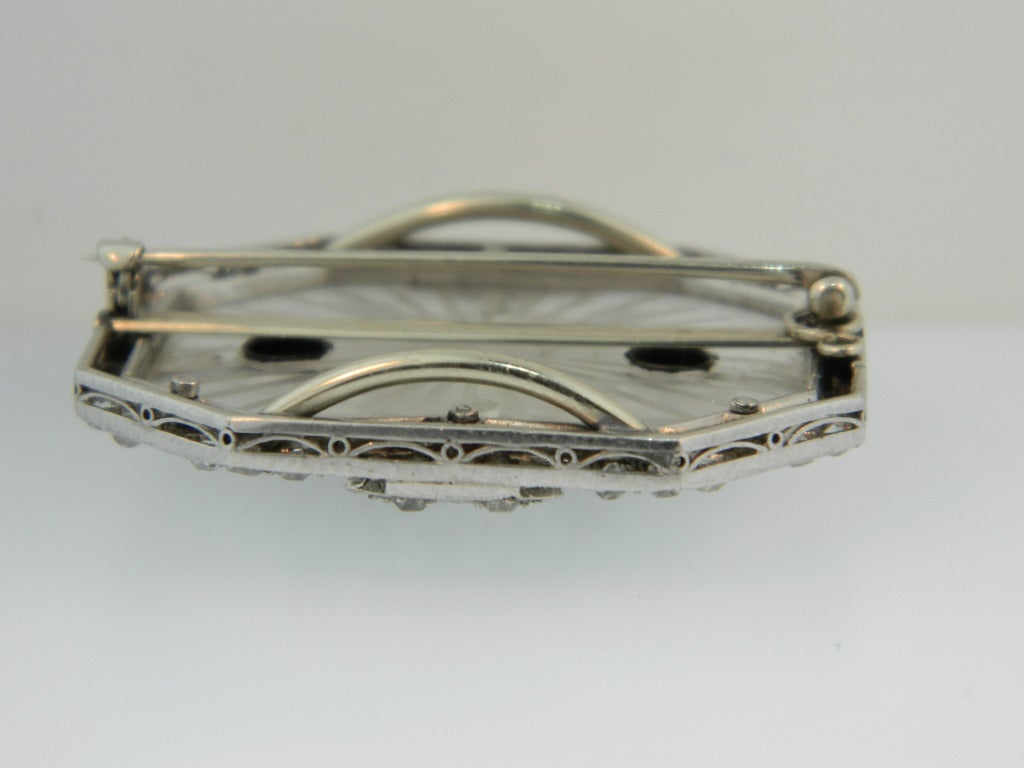 Art Deco Carved Frosted Rock Crystal Diamond Platinum Pendant Brooch In Excellent Condition In Chicago, IL