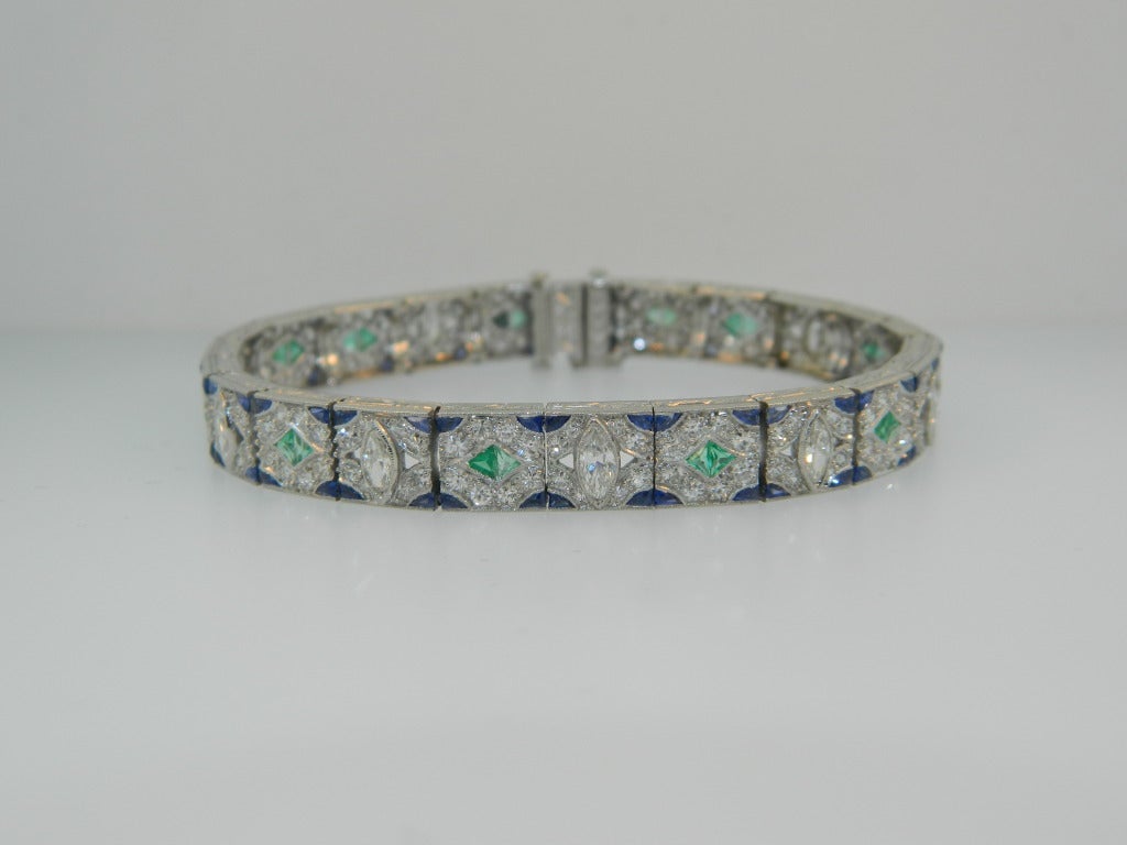 Women's 1920s Art Deco Diamond Sapphire Emerald Platinum Bracelet