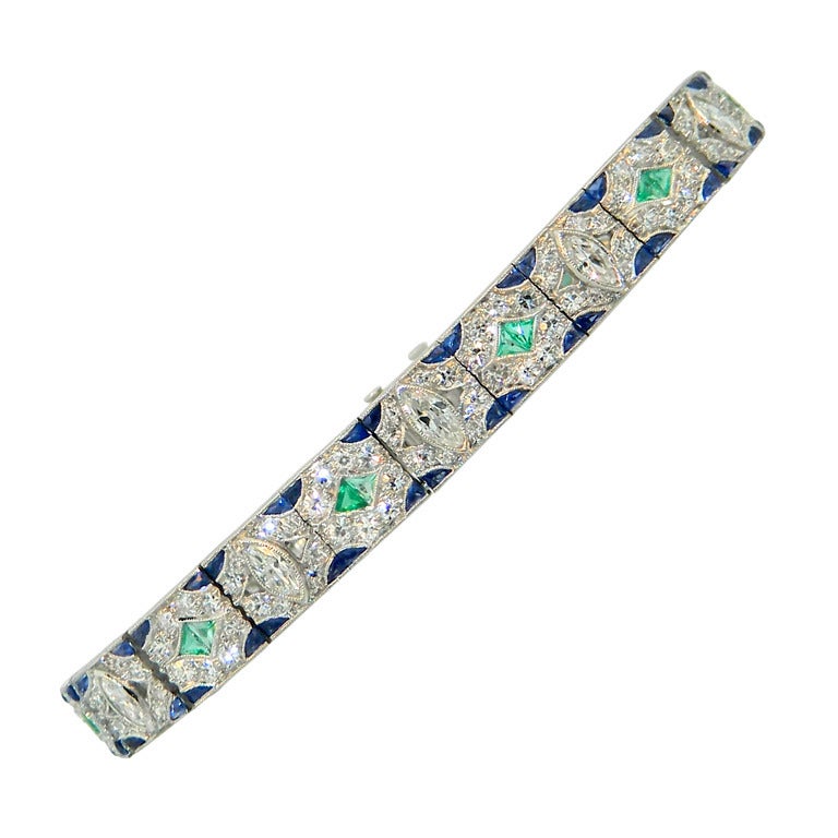 1920s Art Deco Diamond Sapphire Emerald Platinum Bracelet