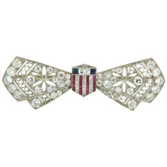 Antique Early 1900s Black Starr & Frost Ruby Sapphire Diamond Platinum Patriotic Brooch