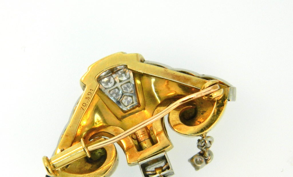 Women's Boucheron Yellow Gold, Platinum and Diamond Retro Lapel Watch circa 1940s