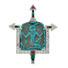 400BC Egyptian Faience Amulet, Platinum, Diamond, Emerald, and Onyx Pendant