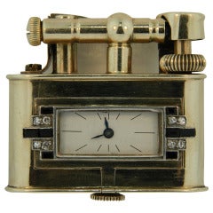 Dunhill Yellow Gold, Diamond, Onyx and Platinum Bijou Lighter with Watch 1932