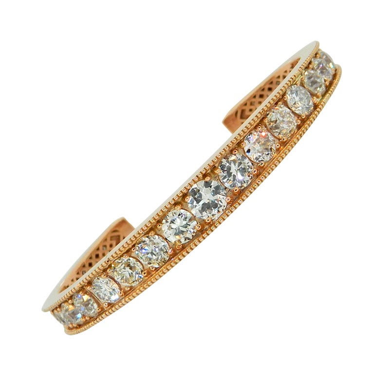 Old European Cut Diamond and Hand Engraved Rose Gold Cuff Bracelet