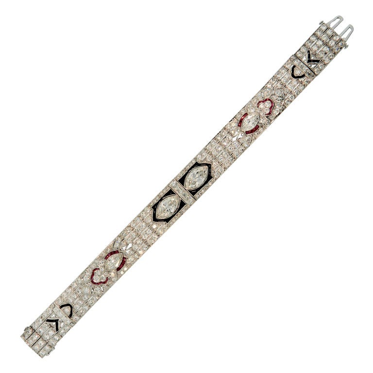 1920s Art Deco Onyx Ruby Diamond Platinum Bracelet