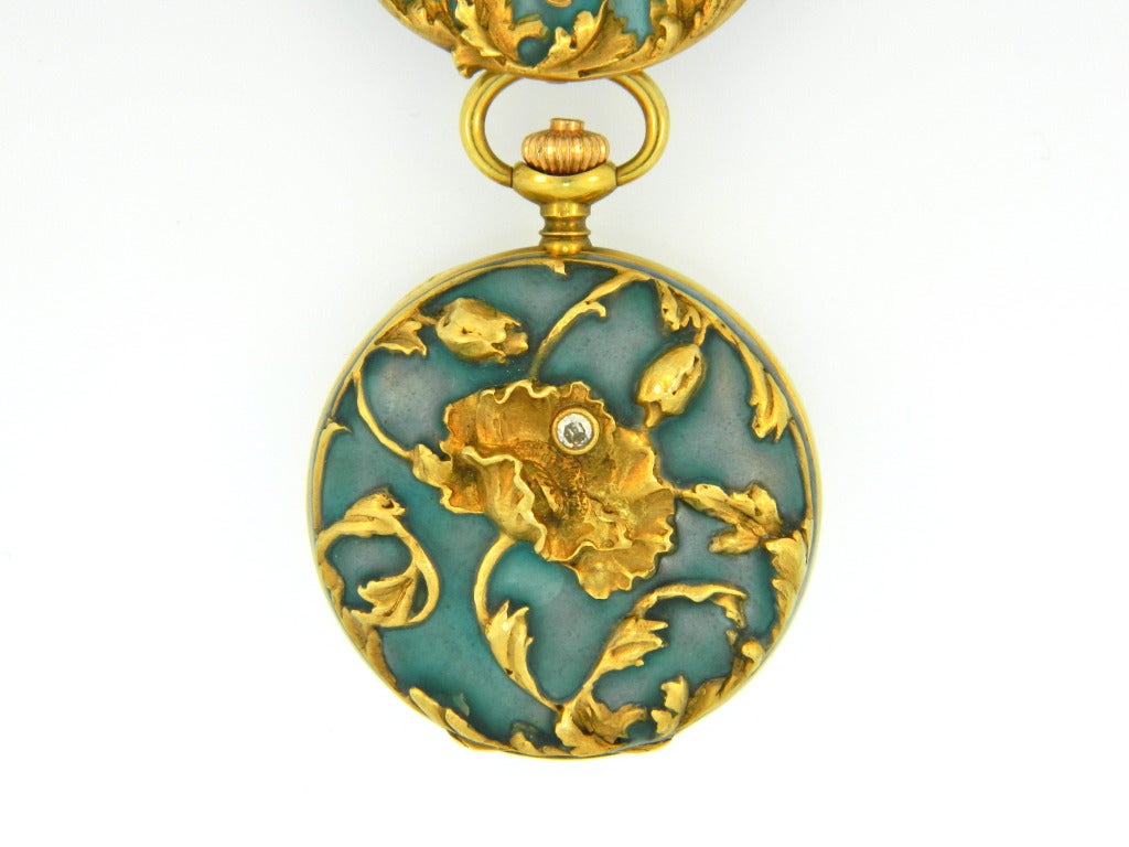 Girard-Perregaux Lady's Art Nouveau Yellow Gold, Enamel and Diamond Lapel Watch In Excellent Condition In Chicago, IL