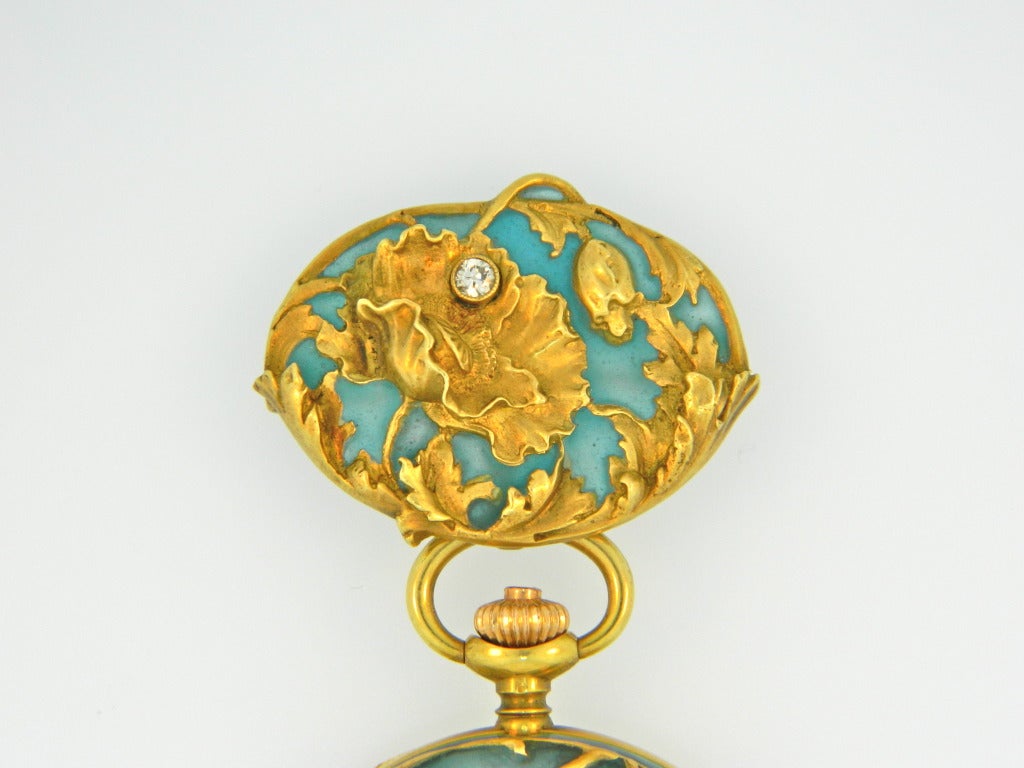 Women's Girard-Perregaux Lady's Art Nouveau Yellow Gold, Enamel and Diamond Lapel Watch