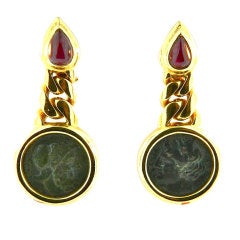 BULGARI Ancient Roman Coin Ruby Gold Earrings