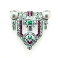 Magnificent Art Deco, Diamond, Emerald, Ruby, and Pearl Clip