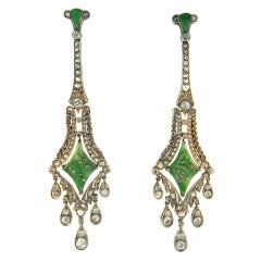 Edwardian Carved Jade, Diamond, and Platinum Chandelier Earrings