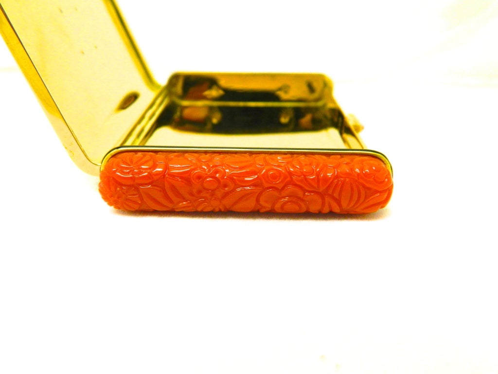 Rare, carved coral, enamel, gold, platinum and diamond Art Deco vanity case by LACLOCHE FRERES Paris