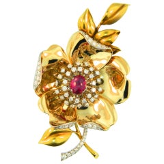 OSCAR HEYMAN Retro, Gold, Platinum, Ruby & Diamond Floral Brooch