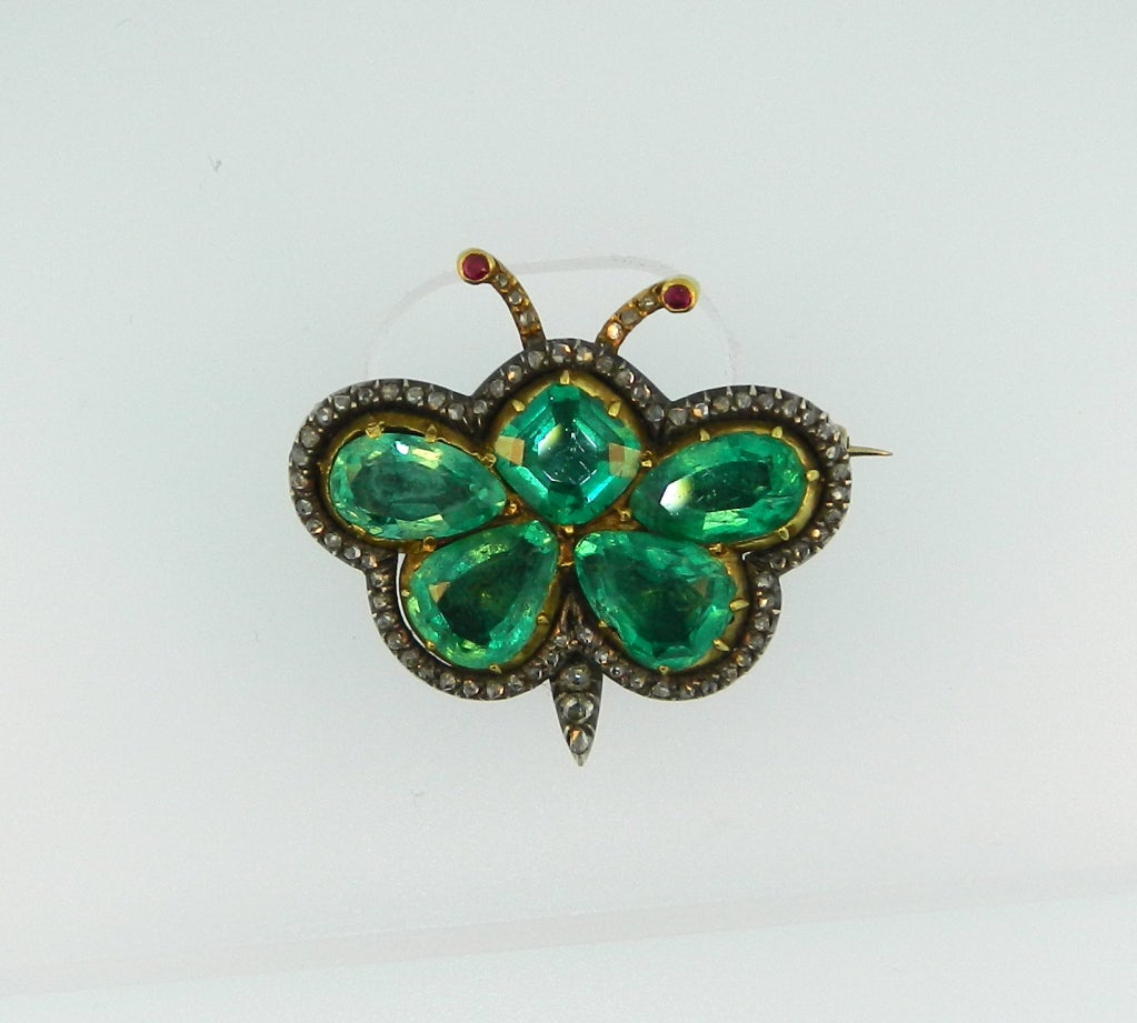 Late Georgian, Antique. silver topped gold, Emerald, Diamond, and Ruby Butterfly brooch/pendant.  Pin stem added.