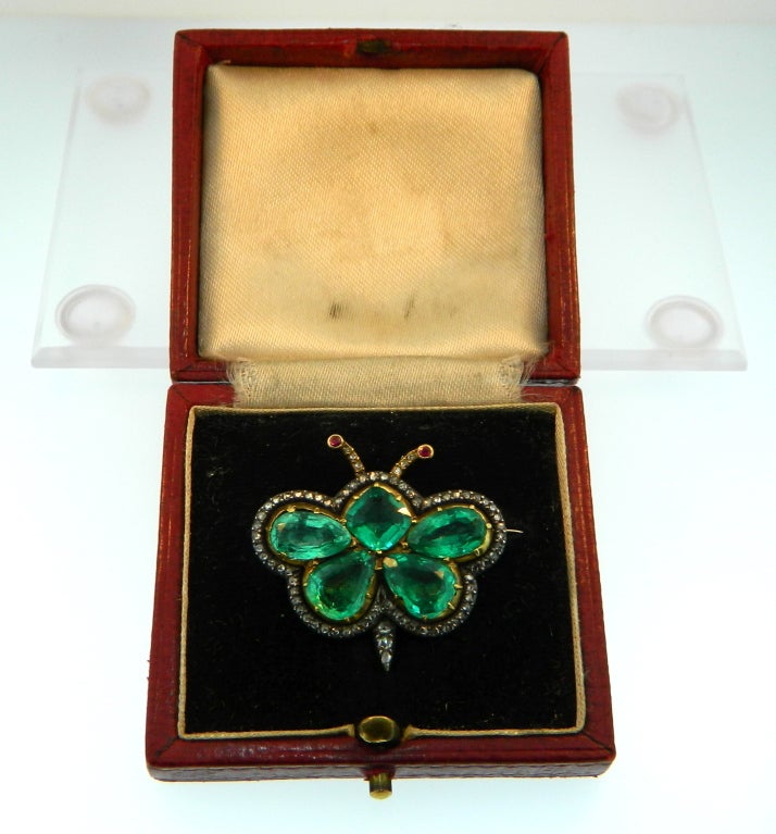 Late Georgian, Emerald, Diamond, and Ruby Butterfly Pin/Pendant 1