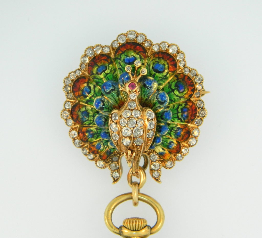 Art Nouveau Marcus & Co Yellow Gold, Diamond and enamel Lapel Watch