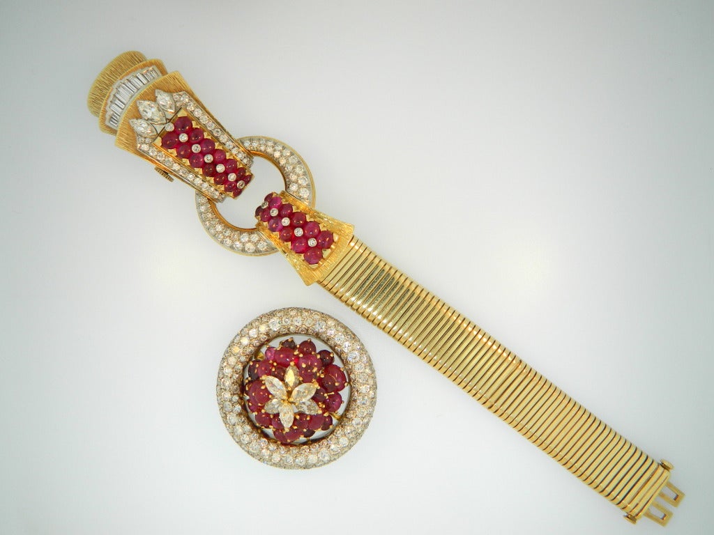 Lackritz Lady's Yellow Gold, Diamond and Ruby Retro Bracelet Watch