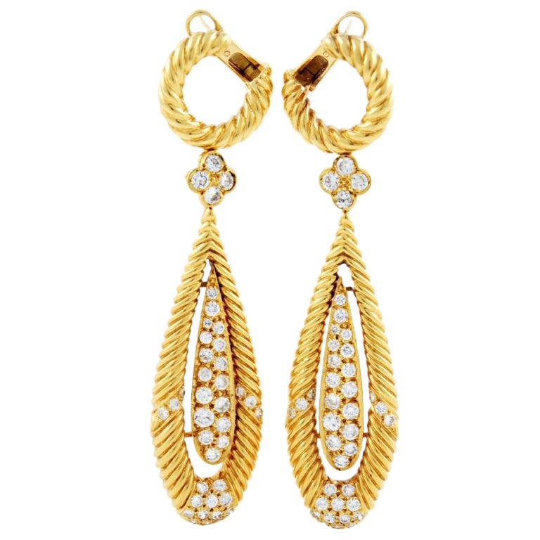 Yellow Gold and Diamond Earrings For Sale