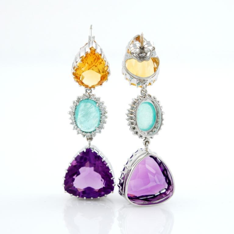White Gold Diamond Amethyst Aquamarine and Topaz Earrings