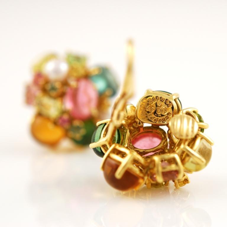 18kt yellow gold bubble ear clips set with pearls, green tourmalines, peridot and pink tourmalines. Circa 1980, signed Seaman Schepps.