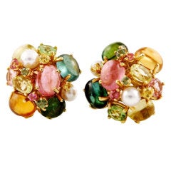 Seaman Schepps Pearl Green and Pink Tourmaline Peridot Gold Bubble Earrings