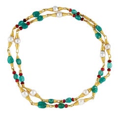 DAVID WEBB Gold Emerald Ruby & Pearls Necklace