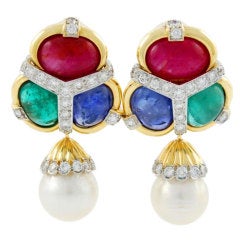 DAVID WEBB Diamond Sapphire Emerald Ruby Pearl Earrings