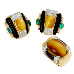 DAVID WEBB Gold Platinum Emerald Diamond Tiger-Eye Enamel Set