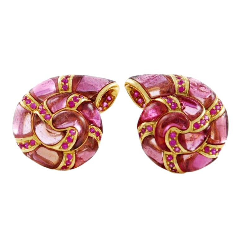 Pink Tourmaline Yellow Gold Shell Earrings For Sale