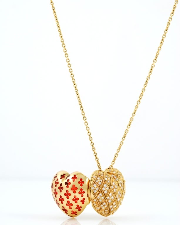 Women's Pink Gold Diamond and Enamel Opening Heart and Gold Chain