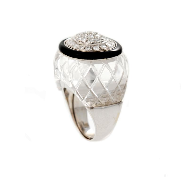 18kt white gold dome ring featuring diamond, rock crystal and black enamel, Usa 1990's