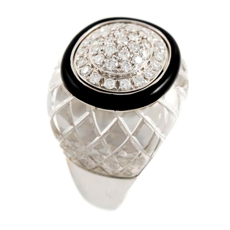  White Gold Rock Crystal Diamond and Enamel Dome Ring For Sale