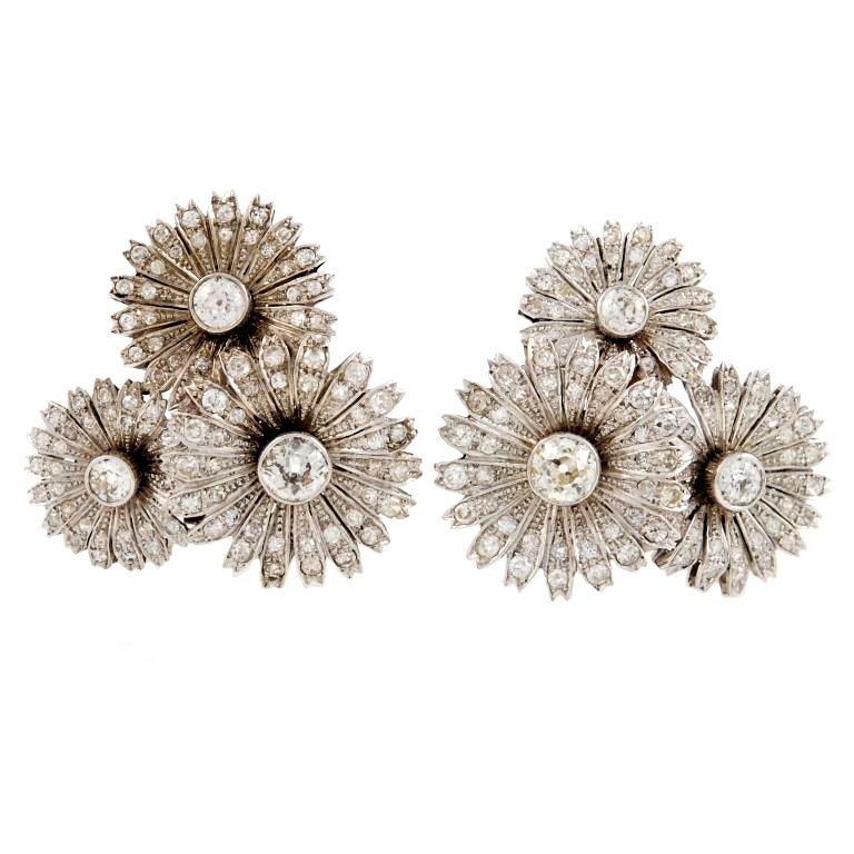 Platinum and Diamond Three Daisies Clip-on Earrings For Sale